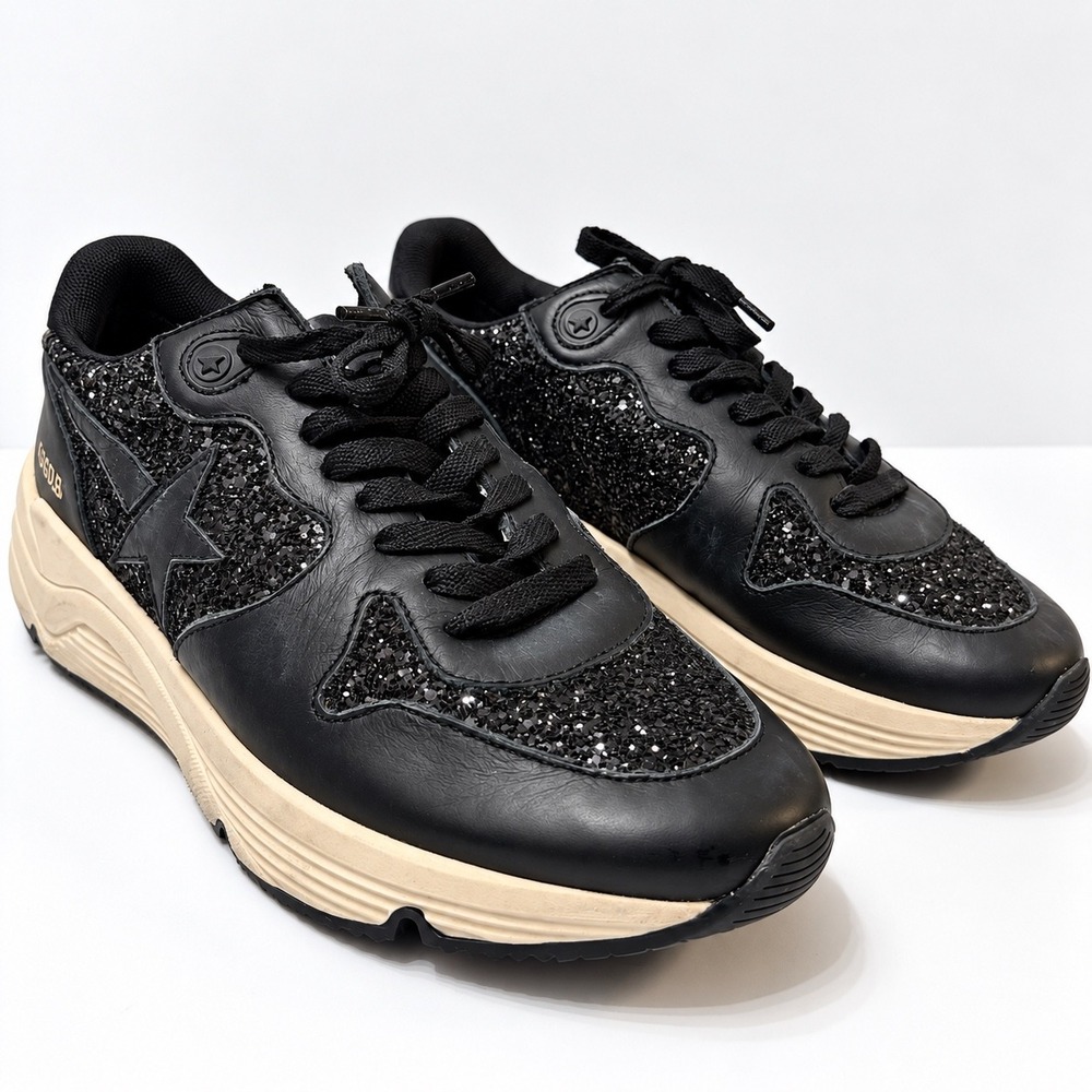 Golden Goose Running Sole Sneakers Black Glitter Leather Star Low Top IT 39 US 9